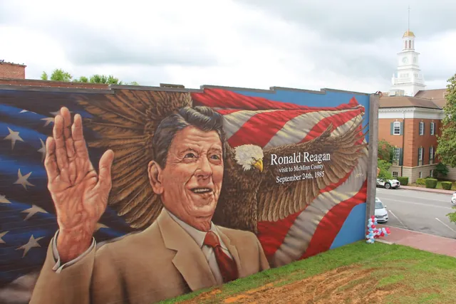 Ronald Reagan mural in Athens, with an eagle and American flag