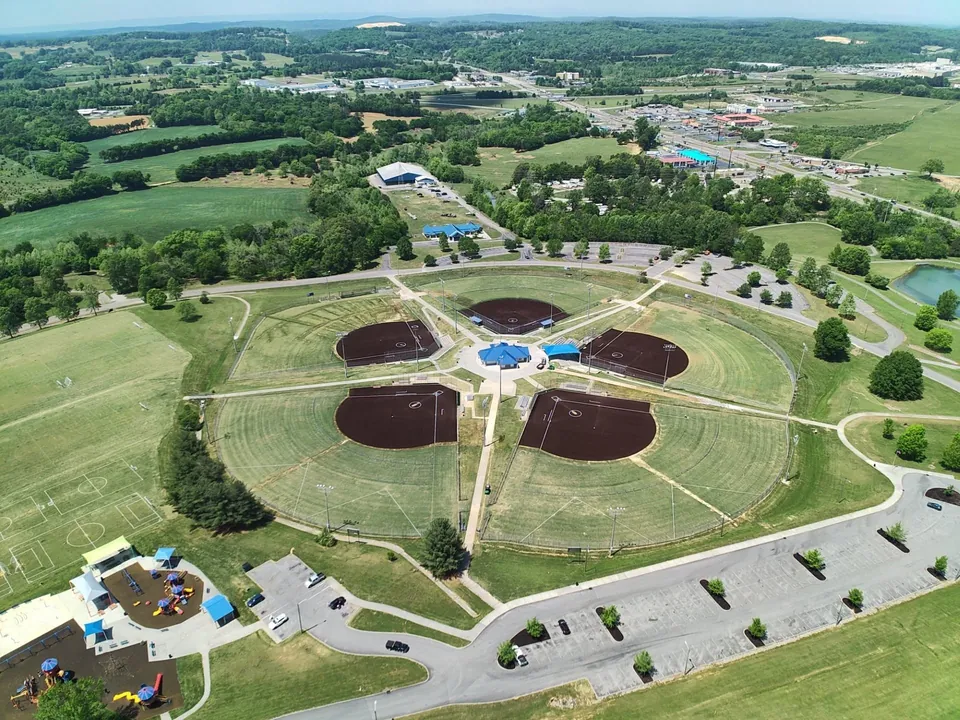 Aerial view of the ballfields and grounds at Regional Park